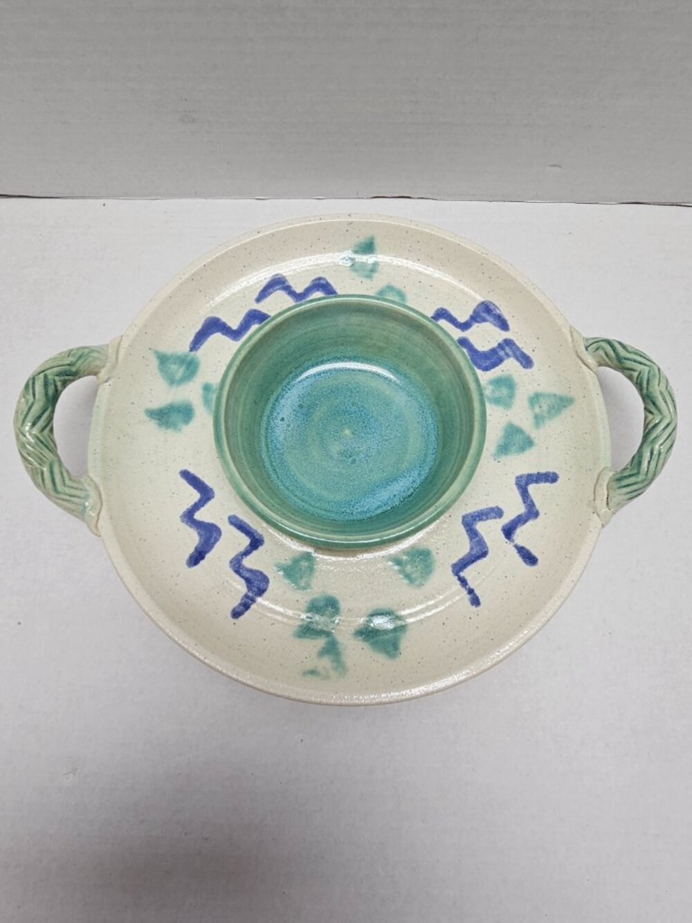 Hand Made Artisan Ceramic Chip & Dip Display Bowl Plate Studio Art Kaye Murphy